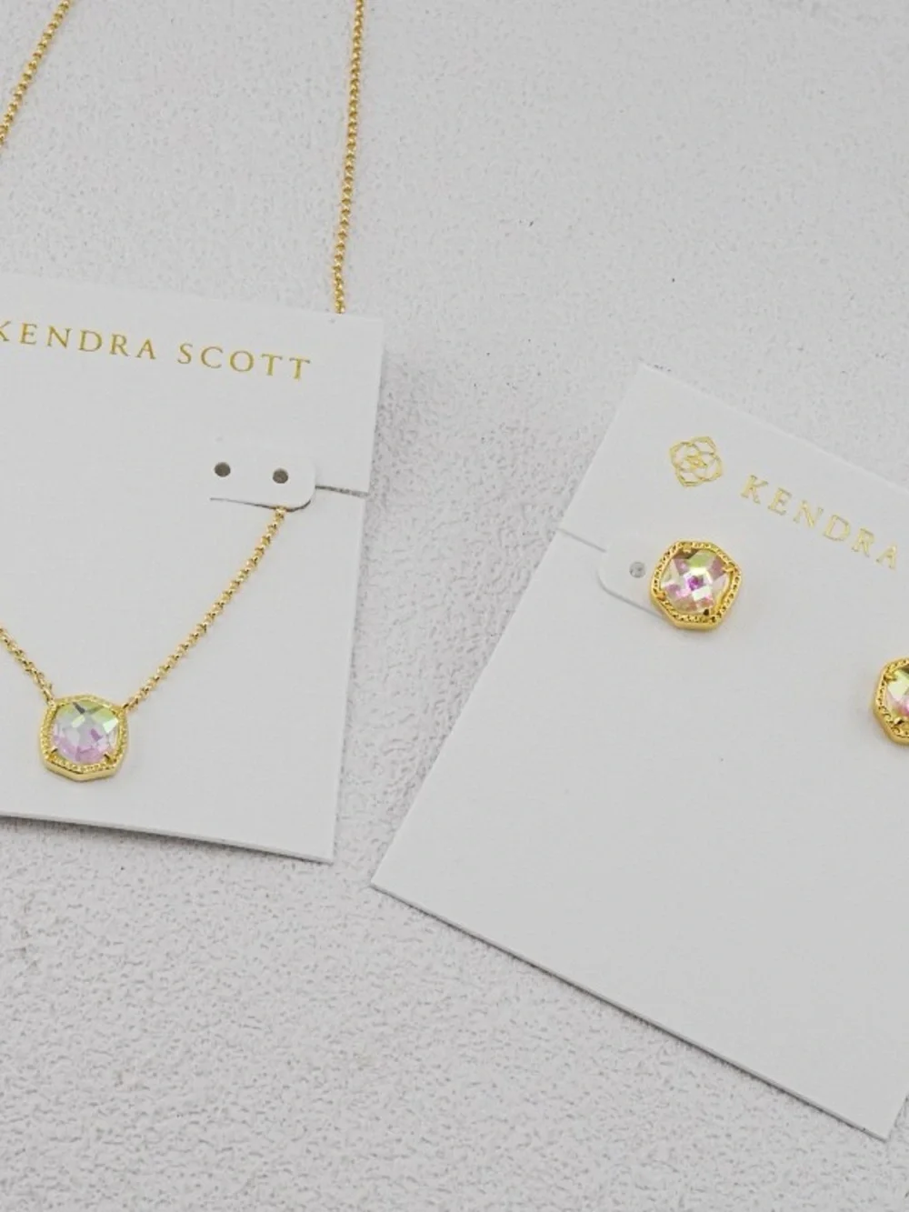 Kendra Scott Gold Necklace and Studs with Pink Iridescent Stones